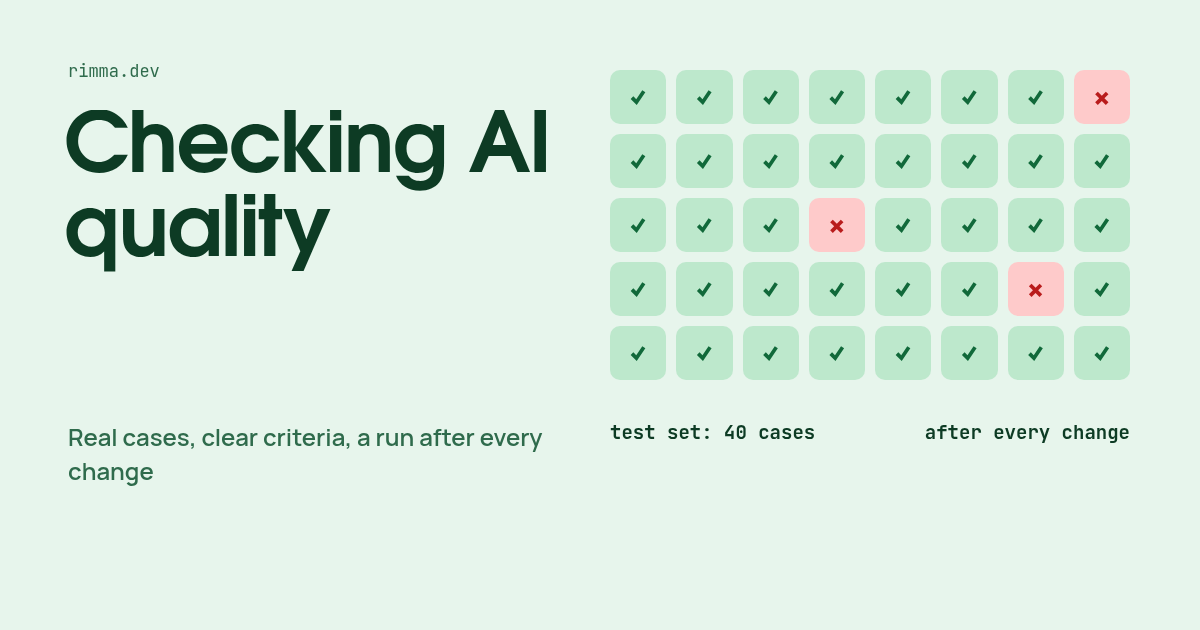 Checking AI quality: a grid of forty test results — green checks and a few red crosses