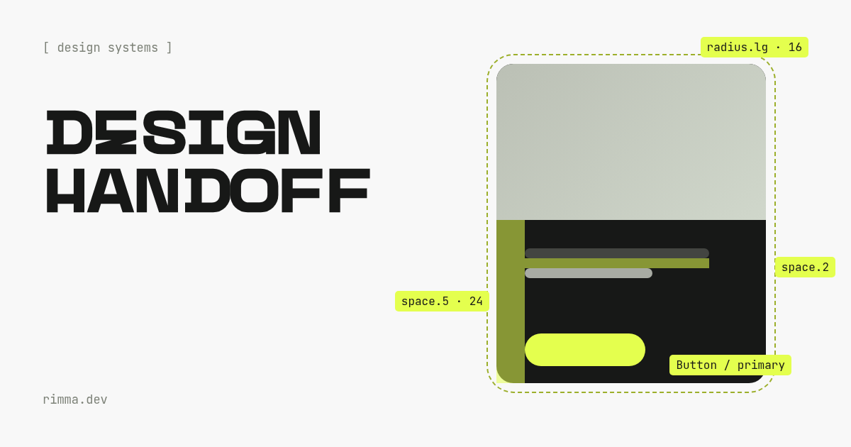 Design handoff: a dark card with dashed lime measurements — padding, gap, radius and component name