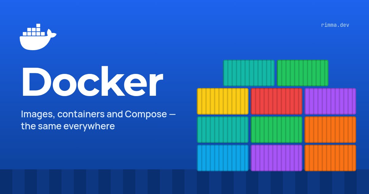 Docker: a stack of colourful shipping containers on a blue sea with the Docker whale