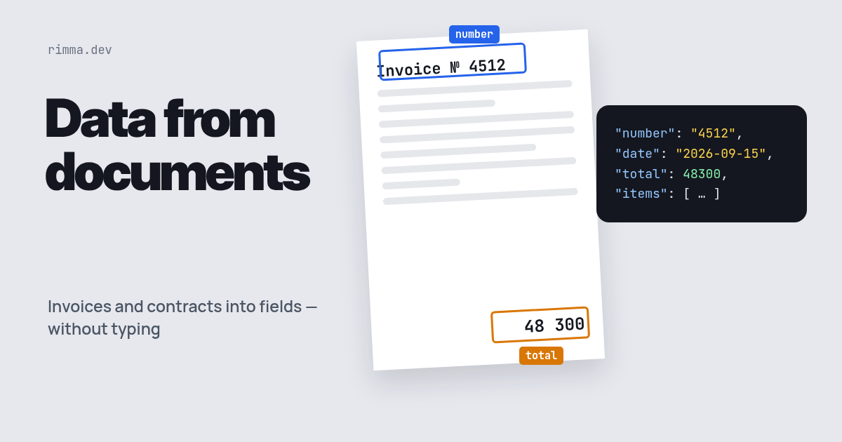 Data from documents: an invoice with recognition frames around the number and total, and the extracted JSON