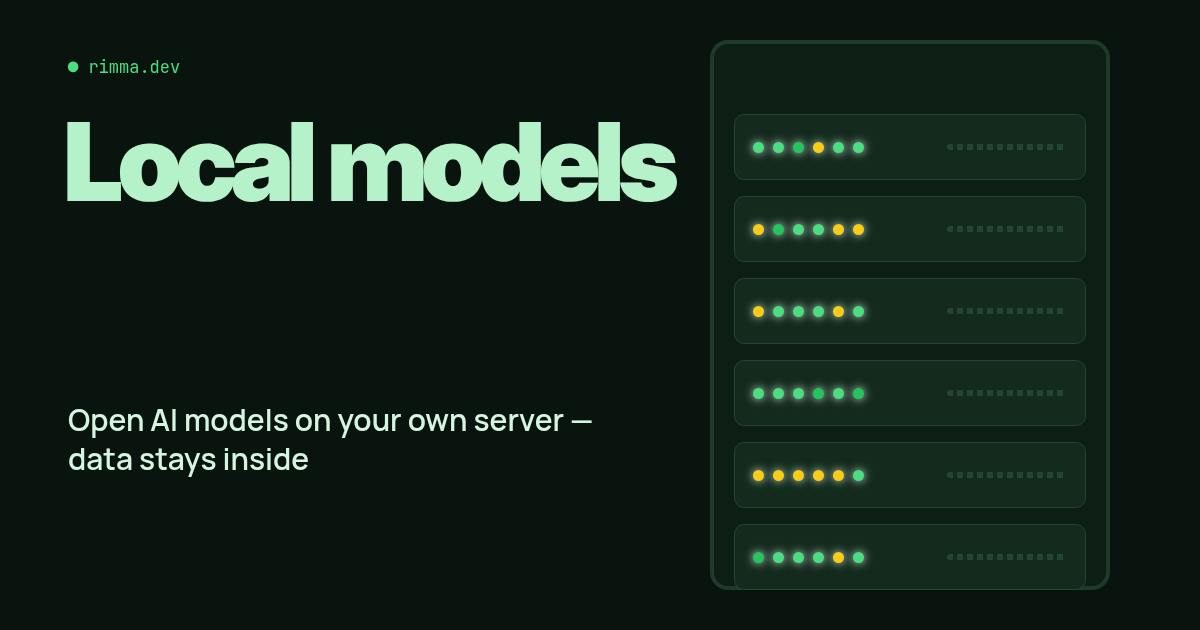 Local models: a server rack with green status lights on a dark green background