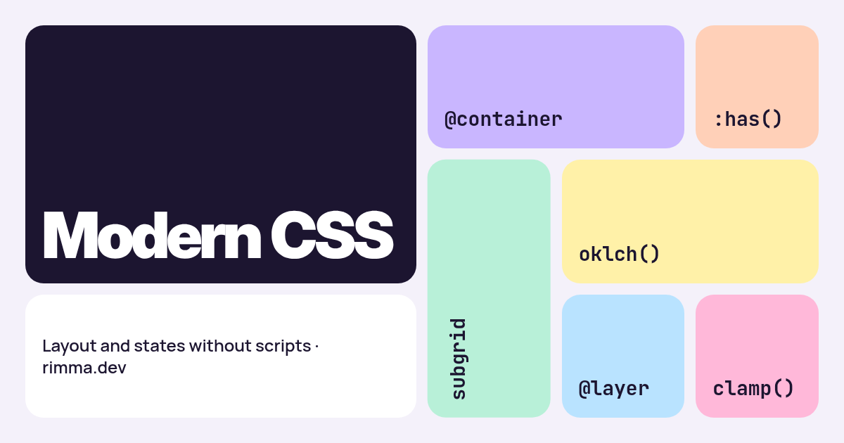 Modern CSS: a bento grid of pastel cards labelled @container, :has(), subgrid, oklch(), @layer and clamp()
