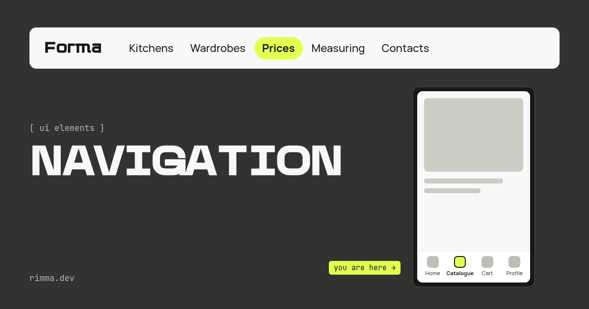 Navigation: a site header with the current section marked by a lime pill, and a phone with a bottom tab bar on graphite