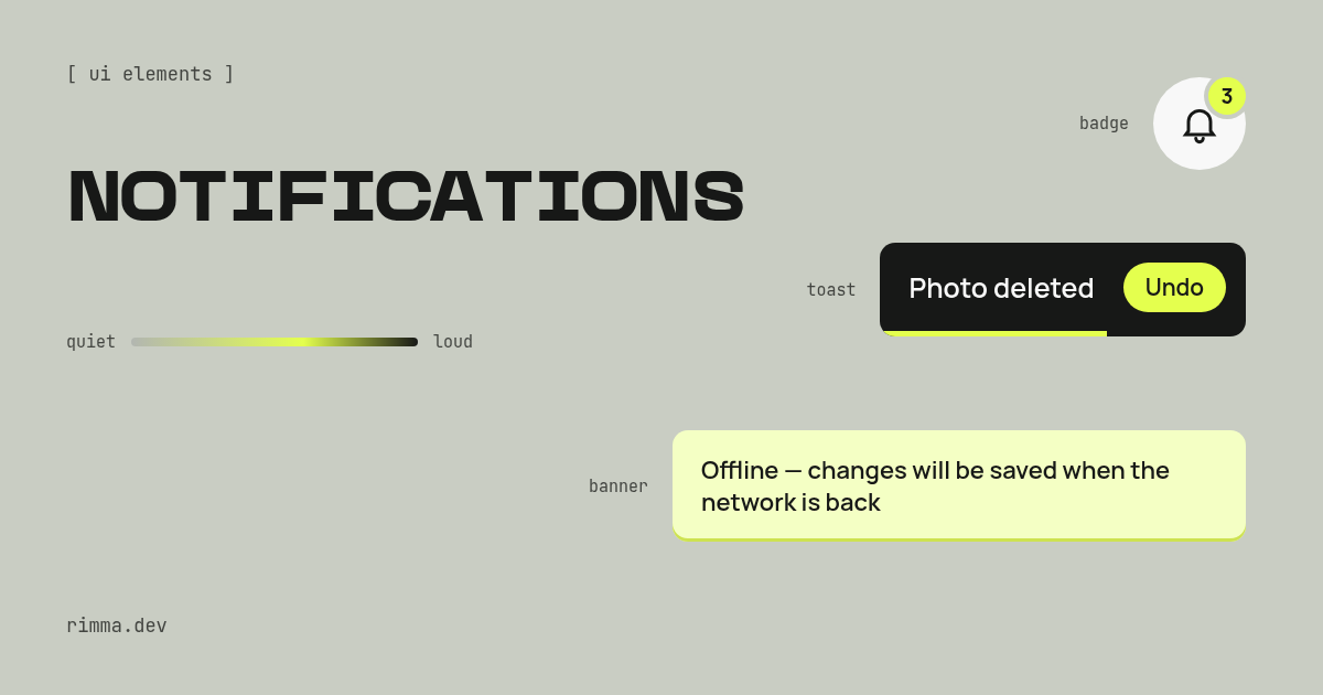 Notifications: a bell with a lime badge, a dark toast “Photo deleted · Undo” with a time bar and a light lime offline banner on sage