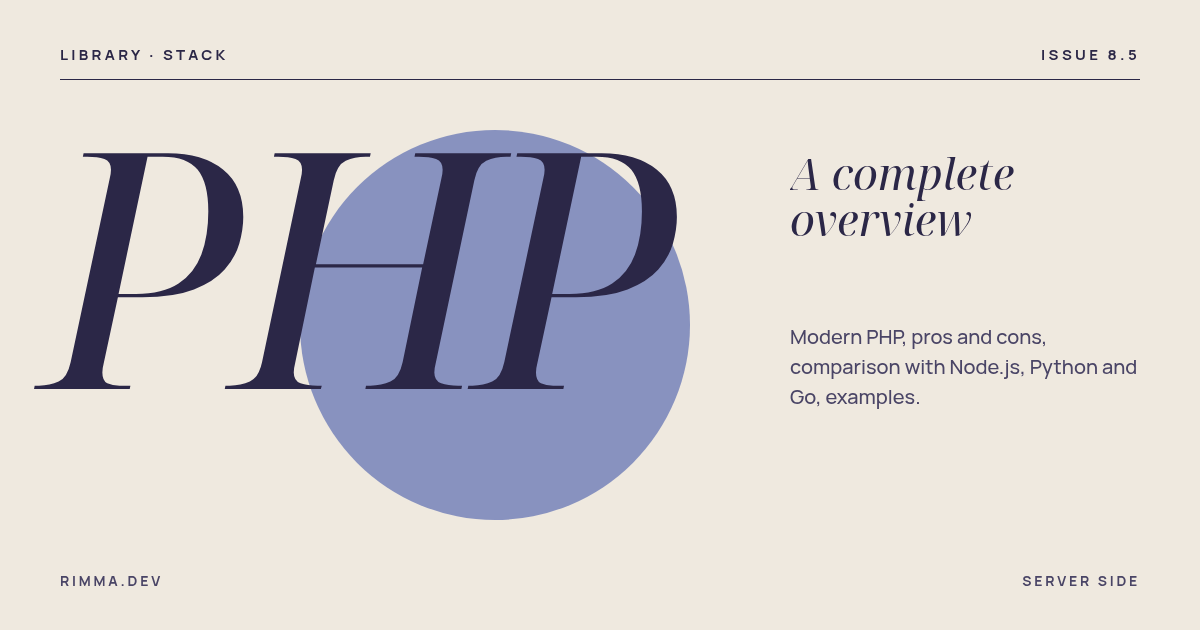 PHP: обложка в журнальном стиле с огромным курсивом «PHP» на лавандовом круге — полный обзор языка