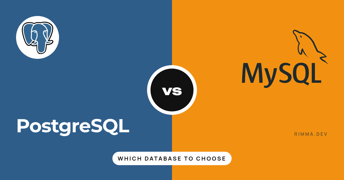 PostgreSQL или MySQL: баннер из синей и оранжевой половин с двумя логотипами и чёрным кругом «vs»