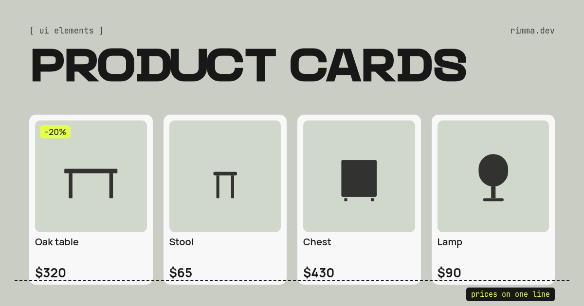 Product cards: four even cards on sage — a table, a stool, a chest and a lamp — with a dashed line running under the prices