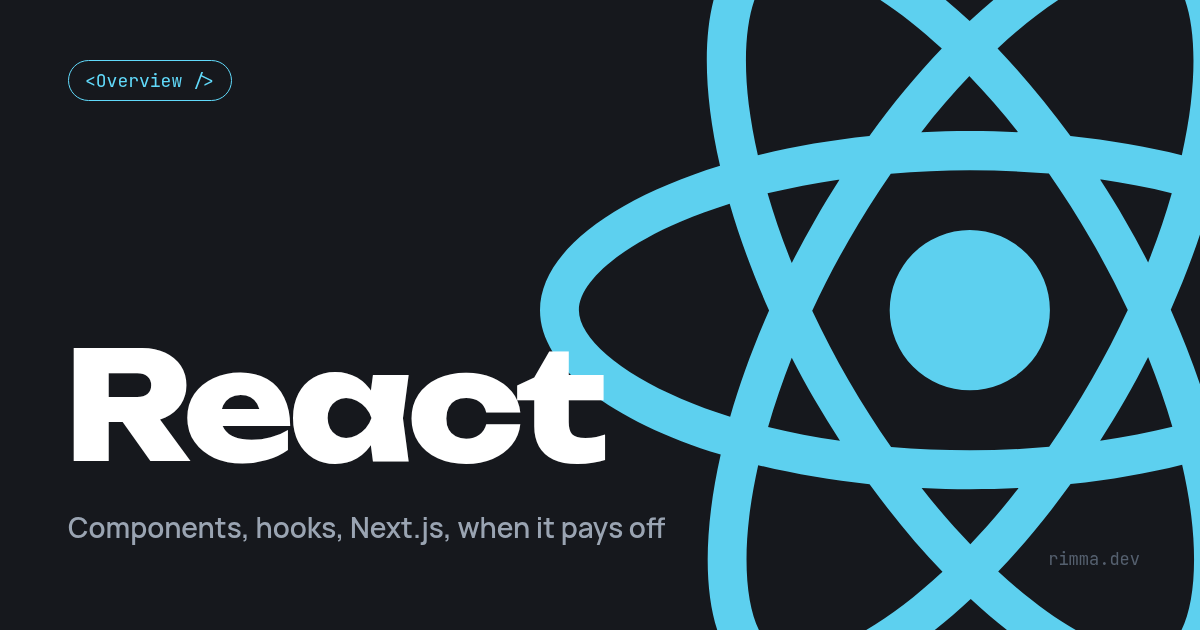 React: огромный голубой атом React на тёмном фоне и слово React