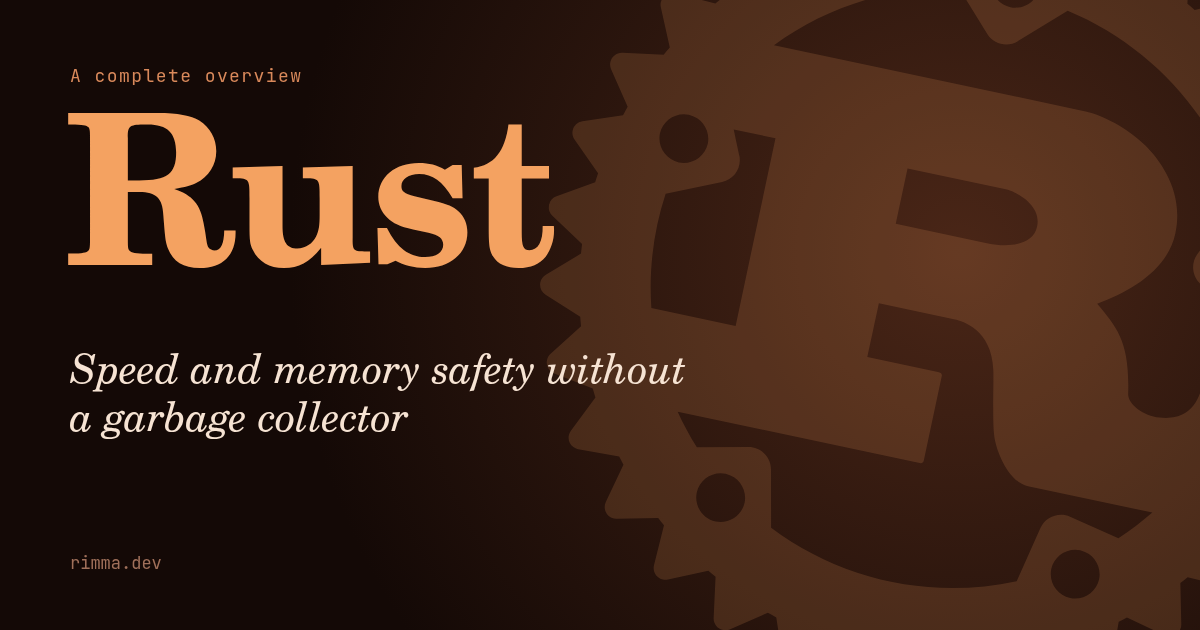 Rust: медная надпись на тёмном фоне с большой ржавой шестернёй