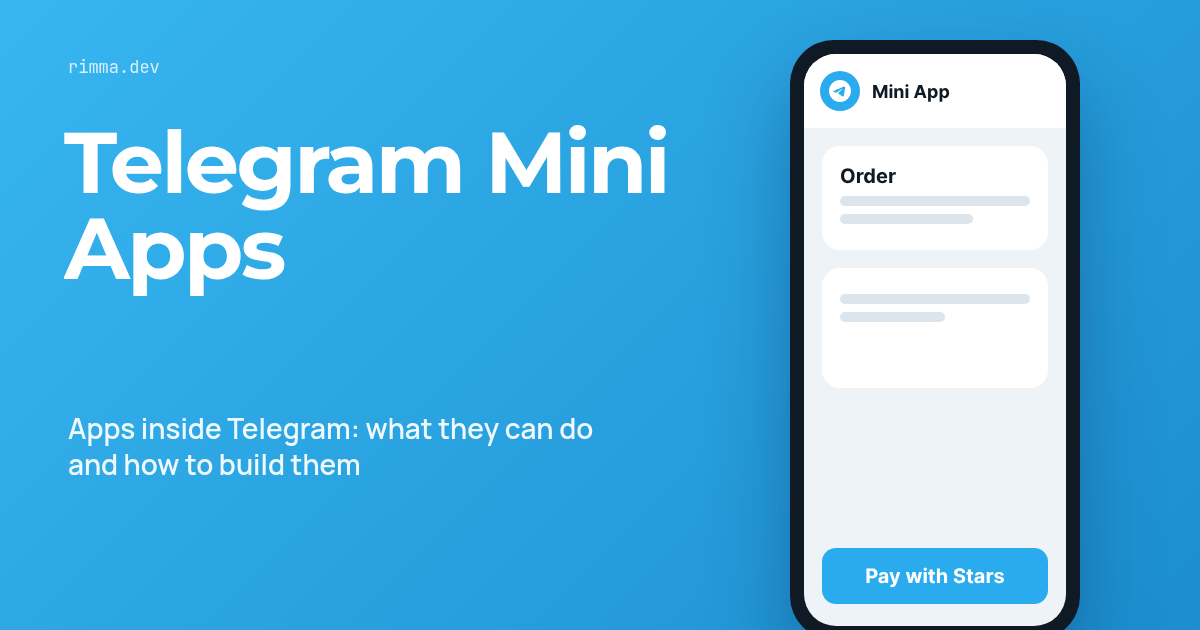 Telegram Mini Apps: телефон с мини-приложением и кнопкой оплаты на синем фоне Telegram