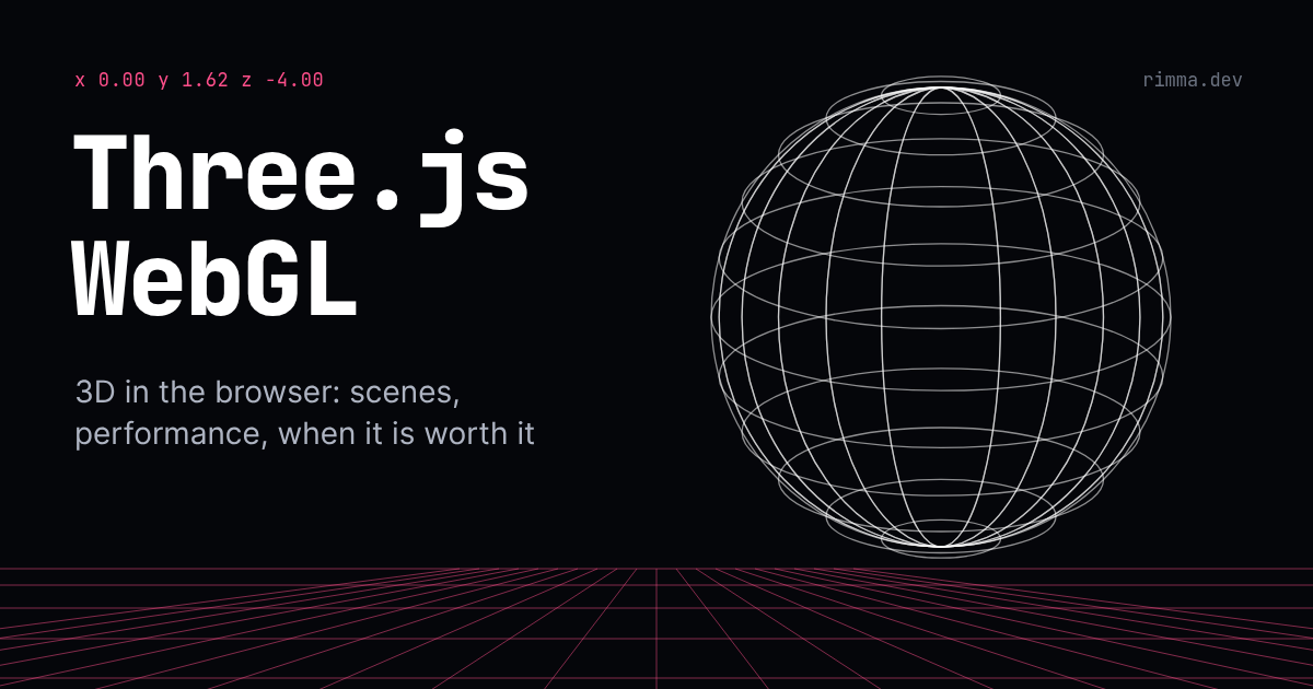 Three.js и WebGL: белая каркасная сфера над розовой сеткой в перспективе на чёрном