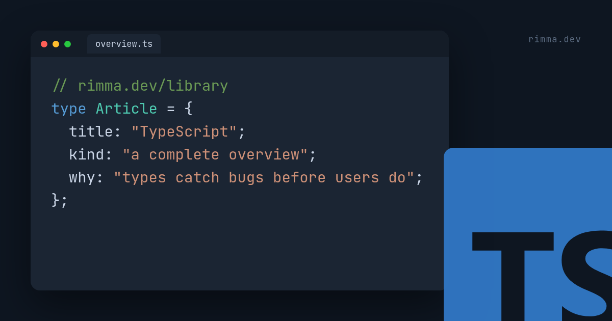 TypeScript: окно редактора с типизированным объектом, описывающим статью, и синий логотип TS